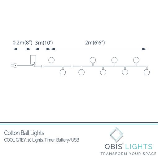 10 Cotton Ball Fairy Lights - USB or Battery Operated LED String Lights with Timer mode (Cool Grey)