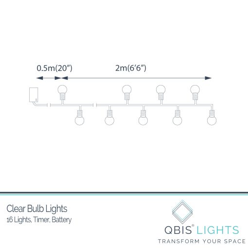 Indoor mini festoon lights with 16 Warm White LEDs on Clear Cable. Battery powered fairy lights with timer
