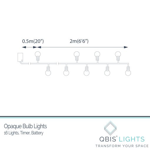 16-E14BULB-BAT-WWOP-Dimensions Indoor/Outdoor mini opaque festoon lights with 16 Warm White LEDs on Clear Cable. Battery powered fairy lights with timer