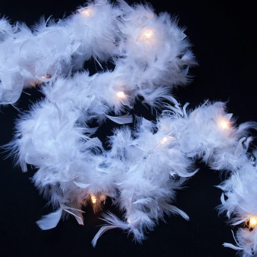 White Feather Garland Lights with Warm White LEDs. Battery or USB Powered Feather Fairy Lights with Timer