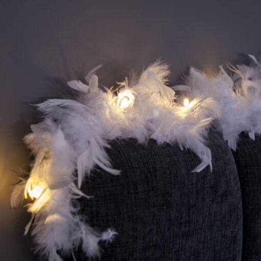 White Feather Garland Lights with Warm White LEDs. Battery or USB Powered Feather Fairy Lights with Timer