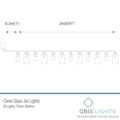 16CL-JAR-BAT-WW-TR-2021-Dimensions Retro Glass Jar Fairy Lights. Vintage Warm White String Lights. Clear Glass Jars with Timer