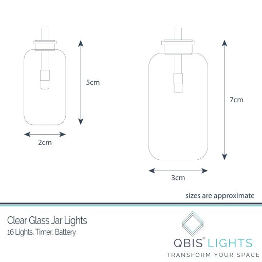 16CL-JAR-BAT-WW-TR-2021-Jar-Dimensions Retro Glass Jar Fairy Lights. Vintage Warm White String Lights. Clear Glass Jars with Timer