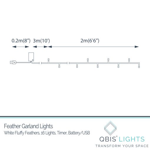 White Feather Garland Lights with Warm White LEDs. Battery or USB Powered Feather Fairy Lights with Timer