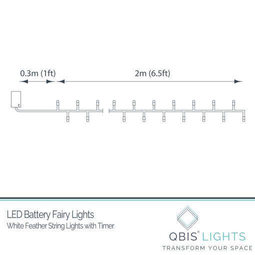 16F-STR-BAT-WW-TR-Dimensions Feather Lights with Warm White LEDs. Battery Powered Fluffy Fairy Lights with Timer