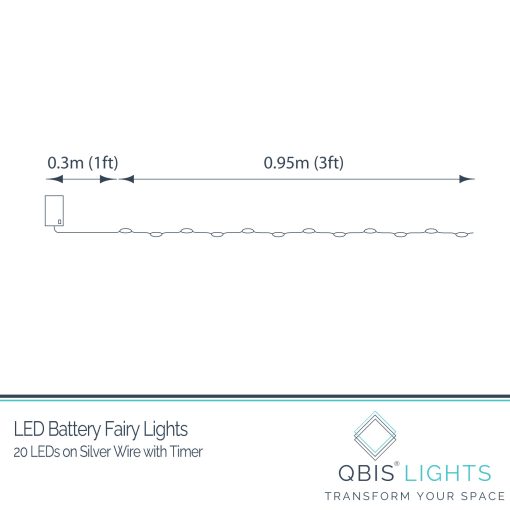 20-LED-BAT-Dimensions 20 Warm White Battery Powered Fairy Lights on Silver Wire. Firefly Lights with Timer