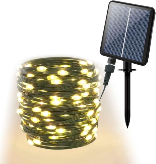 200 Warm White Solar Powered Fairy Lights on Green Wire. Multifunction.