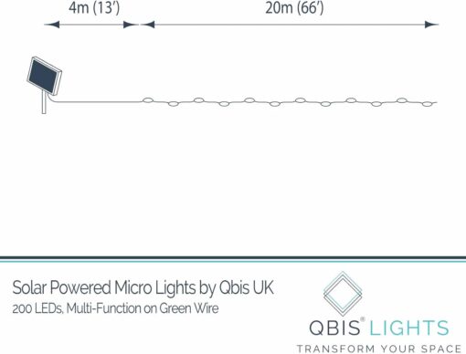 200 Warm White Solar Powered Fairy Lights on Green Wire. Multifunction.