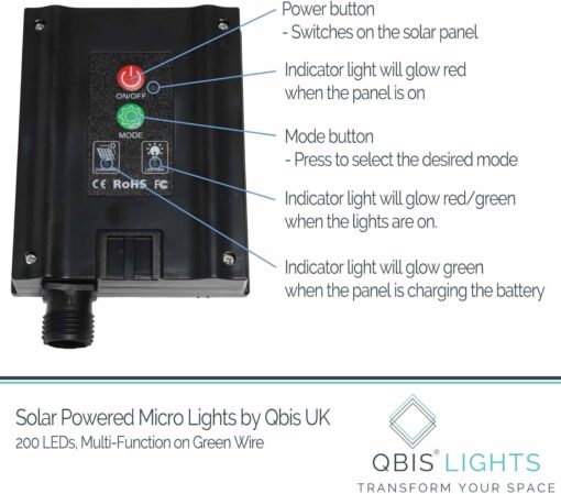 200 Warm White Solar Powered Fairy Lights on Green Wire. Multifunction.
