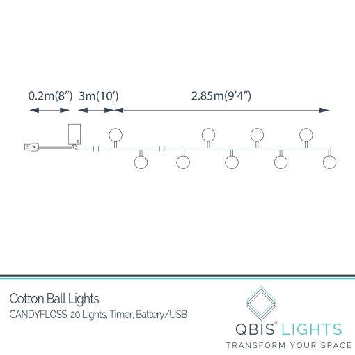 20 Cotton Ball Fairy Lights - USB or Battery Operated LED String Lights with Timer mode (Pink, White, Peach, Grey)