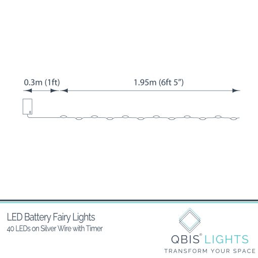 40 Warm White Battery Powered Fairy Lights on Silver Wire. Firefly Lights with Timer