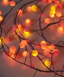B120CLU-5V-SS-BL7 Sunset® Berry Cluster Lights on Black Wire. 120 Red, Orange/ Amber and Yellow LED Garland Fairy Lights