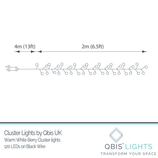 B120CLU-I-Dimensions 120 Pastel LED Berry Cluster Lights on Black Wire. Plug in Garland Fairy Lights