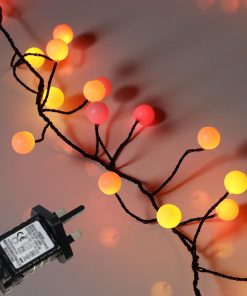 B240CLU-5V-SS-BL-1 Sunset® Berry Cluster Lights on Black Wire. 240 Red, Orange/ Amber and Yellow LED Garland Fairy Lights