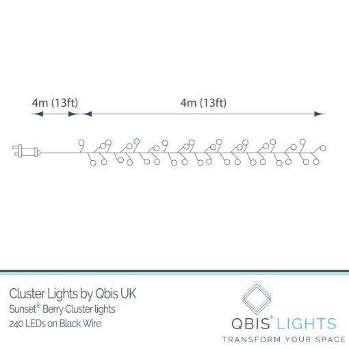 B240CLU-5V-SS-BL-I-Dimensions Pastel Berry Cluster Lights on Black Wire. 240 Pastel LED Garland Fairy Lights