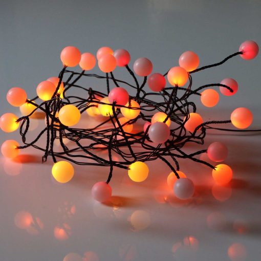 Sunset® Berry Cluster Lights on Black Wire. 40 LEDs, a combination of Red, Orange and Yellow lights. Battery operated Garland Fairy Lights with Timer