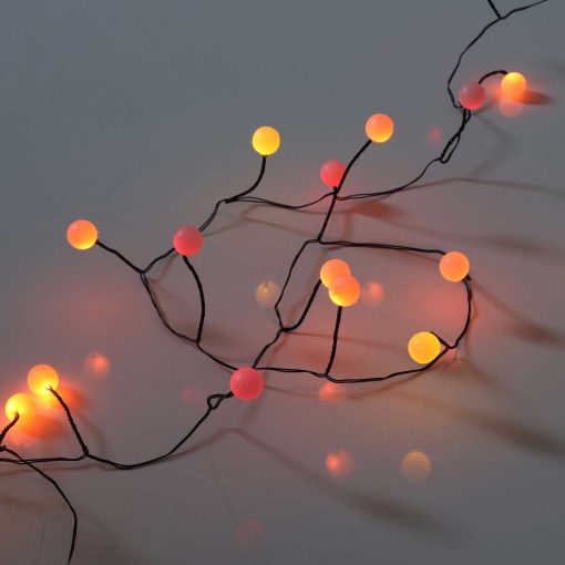 Sunset® Berry Cluster Lights on Black Wire. 40 LEDs, a combination of Red, Orange and Yellow lights. Battery operated Garland Fairy Lights with Timer