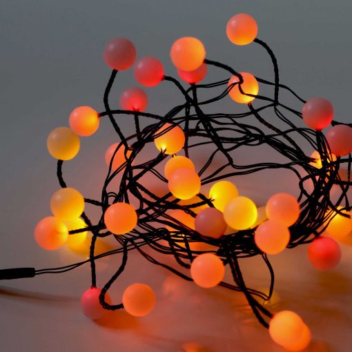 Sunset® Berry Cluster Lights on Black Wire. 40 LEDs, a combination of Red, Orange and Yellow lights. Battery operated Garland Fairy Lights with Timer