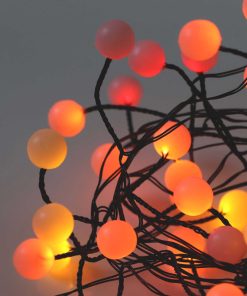 Sunset® Berry Cluster Lights on Black Wire. 40 LEDs, a combination of Red, Orange and Yellow lights. Battery operated Garland Fairy Lights with Timer