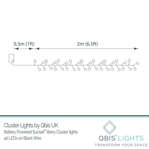 Sunset® Berry Cluster Lights on Black Wire. 40 LEDs, a combination of Red, Orange and Yellow lights. Battery operated Garland Fairy Lights with Timer