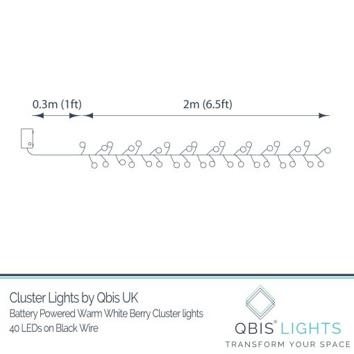 Warm White Berry Cluster Lights on Black Wire. 40 LEDs. Battery operated Garland Fairy Lights with Timer