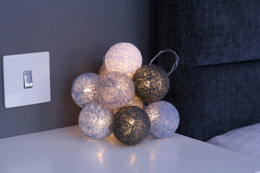 10 Cotton Ball Fairy Lights - USB or Battery Operated LED String Lights with Timer mode (Cool Grey)