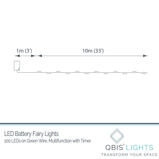 100 Warm White Battery Powered Fairy Lights on Green Wire. Multifunction with Timer