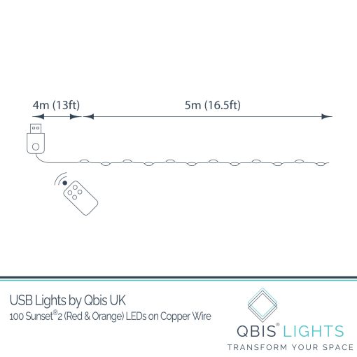 M100STR-USB-SS2-CP-Dimensions 100 Sunset®2 Micro Lights with Remote Control, USB Plug, Timer, Multi Function & Dimmer. Fairy String Lights in red & amber/ orange