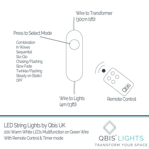 200 Warm White LED Fairy Lights on Green Wire. Multifunction, Remote & Timer. Plug in Fairy Lights