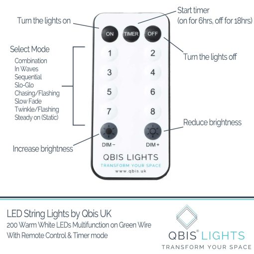 200 Warm White LED Fairy Lights on Green Wire. Multifunction, Remote & Timer. Plug in Fairy Lights