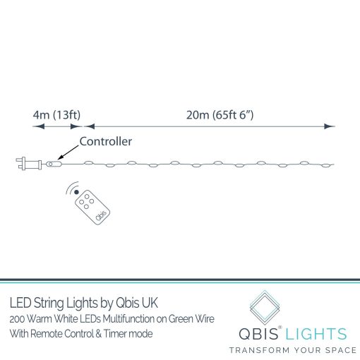 200 Warm White LED Fairy Lights on Green Wire. Multifunction, Remote & Timer. Plug in Fairy Lights