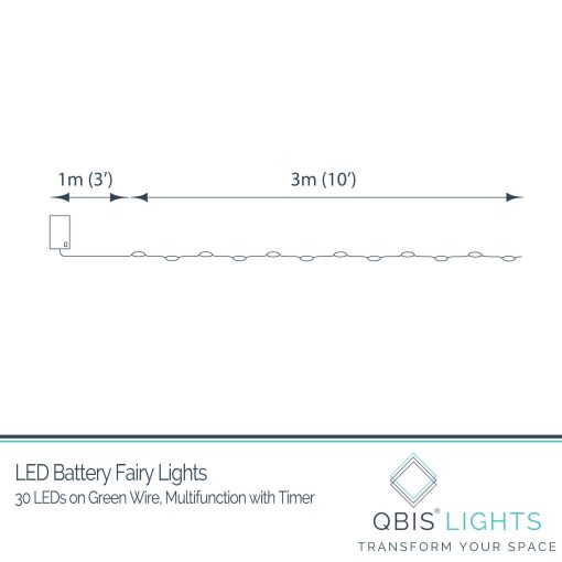 30 Warm White Battery Powered Fairy Lights on Green Wire. Multifunction with 6 hour timer