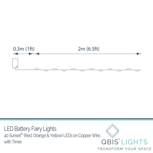 M40-STR-BAT-SS-CP-Dimensions 40 Sunset® Battery Powered Fairy Lights on Copper Wire. Red, Orange/Amber & Yellow Firefly Lights with Timer
