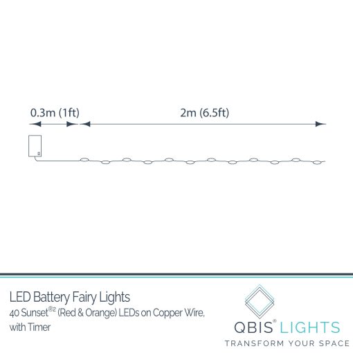 M40-STR-BAT-SS2-CP-Dimensions 40 Sunset®2 Battery Powered Fairy Lights on Copper Wire. Red & Orange/Amber Firefly Lights with Timer