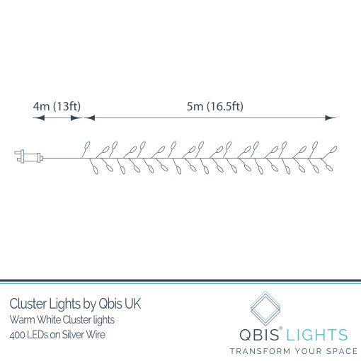M400CLU-Dimensions-I Premium LED Cluster Lights. 400 Warm White LEDs on Copper wire - available mid Nov