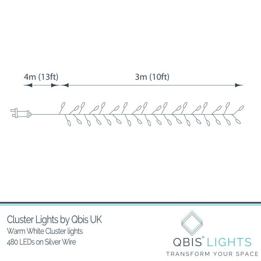 Premium LED Cluster Lights. 480 Warm White LEDs on Silver wire. Plug in Garland fairy lights.
