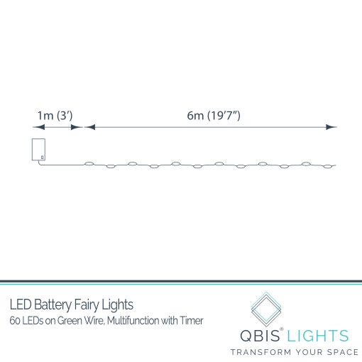 60 Warm White Battery Powered Fairy Lights on Green Wire. Multifunction with Timer
