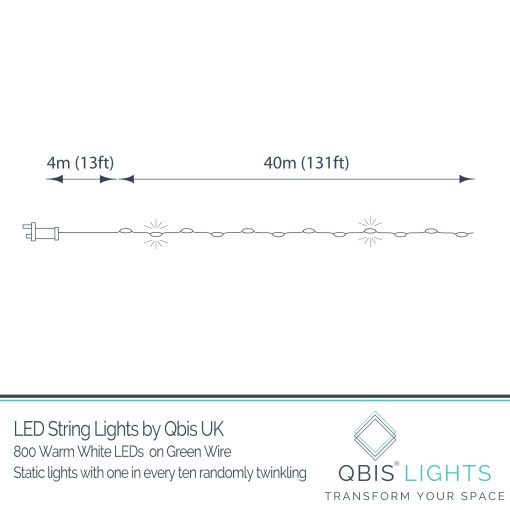 M800STR31VWWGRT-dimensions 800 Warm White Twinkling LED String Lights on Green Wire. Plug in Fairy Lights.