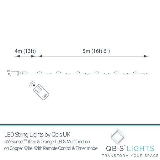 100 Sunset®2 Micro Lights, Multi Function Fairy String Lights in red & orange. With remote control.