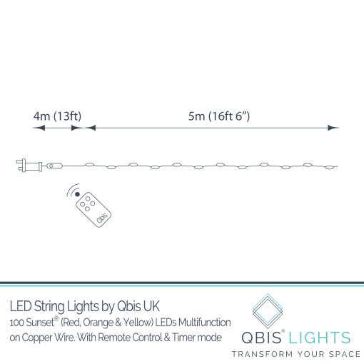 100 Sunset® Micro Lights, Multi Function Fairy String Lights in red, orange & yellow. With remote control.
