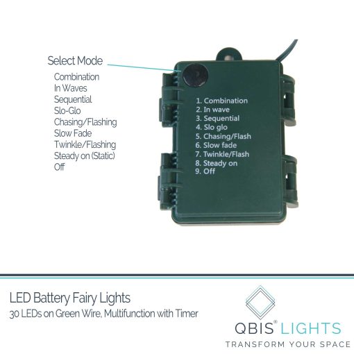 30 Warm White Battery Powered Fairy Lights on Green Wire. Multifunction with 6 hour timer