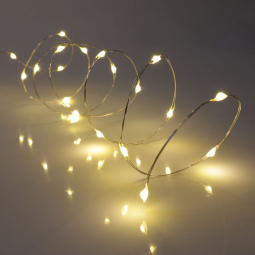 QB-MLED20STR-BAT-WW-TR_01 20 Warm White Battery Powered Fairy Lights on Silver Wire. Firefly Lights with Timer