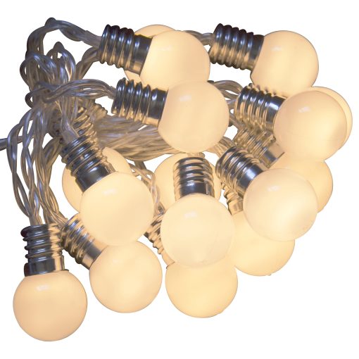QB_LED16_E14BULB_BAT_WW_TR_OP Indoor/Outdoor mini opaque festoon lights with 16 Warm White LEDs on Clear Cable. Battery powered fairy lights with timer