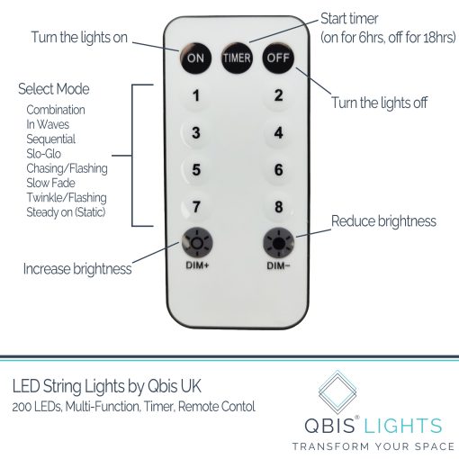 200 Warm White LED Fairy Lights on Silver Wire. Multifunction, Remote & Timer. Plug in Fairy Lights