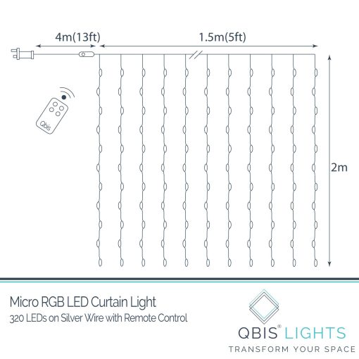 320 RGB Curtain Lights on Silver Wire. Plug in Fairy Lights with Remote.