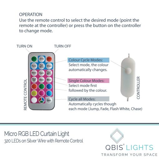 320 RGB Curtain Lights on Silver Wire. Plug in Fairy Lights with Remote.