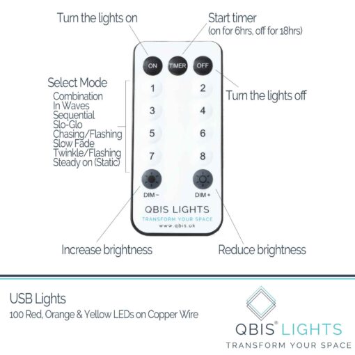 100 Sunset® Micro Lights with Remote Control, USB Plug, Timer, Multi Function & Dimmer. Fairy String Lights in yellow, amber/ orange and red