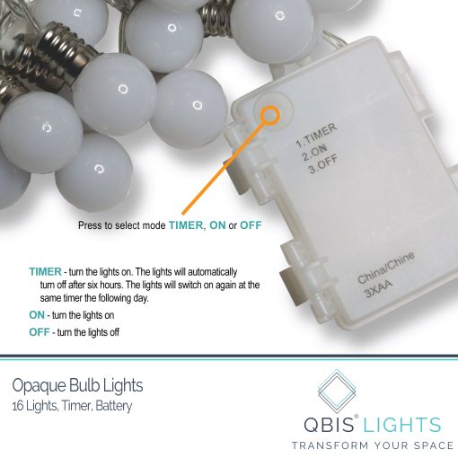 White-Battery_Pack2021 Indoor/Outdoor mini opaque festoon lights with 16 Warm White LEDs on Clear Cable. Battery powered fairy lights with timer