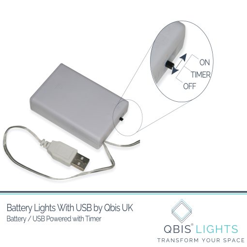 White-USB-Battery-Pack-Yish Feather Lights with Warm White LEDs. Battery Powered Fluffy Fairy Lights with Timer