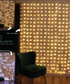 Yellow 320 RGB Curtain Lights on Silver Wire. Plug in Fairy Lights with Remote.